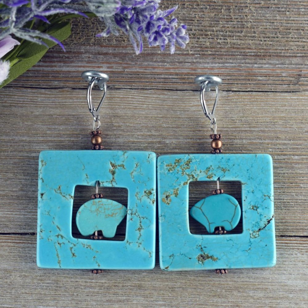 Turquoise Bear Square Earrings #124